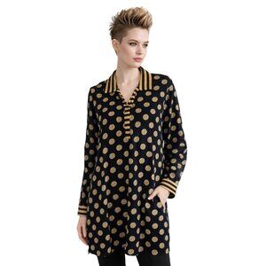 Mud Pie Black Gold Polka Dot Tunic Top Striped Trim Size L